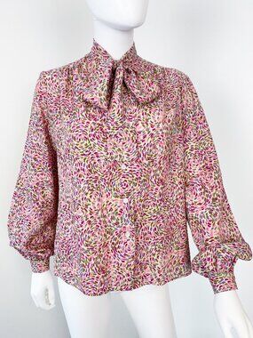 Vintage 1980s Silky Viscose Blouse Top Pink Pointillism Print Size 8